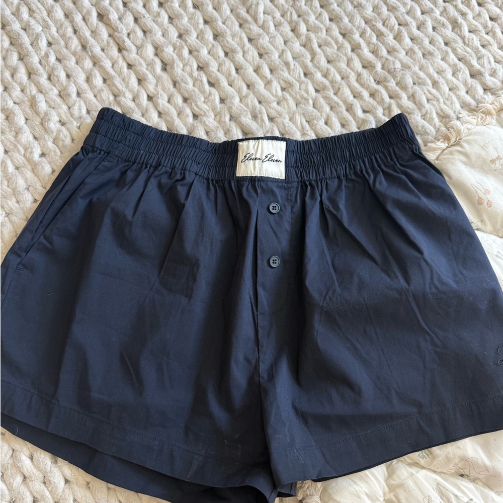 Navy Button-Front Elastic Waist Shorts